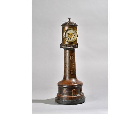 A French bronzed 'lighthouse' automaton 8 day mantel clock, circa 1900, the turret with separate barometer and thermometer, (