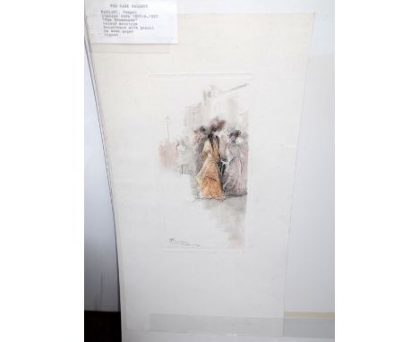 Pompeo Mariani (Italian 1857-.1927), The Promenade, colour monotype, signed, approximately 26 by 12cms; and another print by 