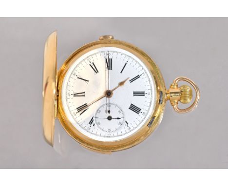 A gold cased, keyless wind, centre stop seconds, quarter repeating, hunting cased gentleman's pocket watch, with a gilt jewel