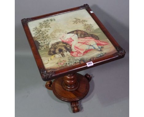 A Victorian mahogany occasional table with tapestry inset panel on plinth base, 50cm wide x 57cm high. 