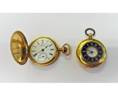 A lady's gold cased, key wind, half hunting cased fob watch, the gilt jewelled movement detailed Baume Geneve C.B., the gold 