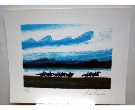 Andre Brasilier (French 1929-2004), Les Volcans Bleu, colour lithograph, signed, 113/130, approximately 33 by 45.5cms, and tw
