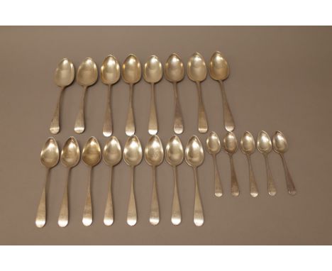 Silver Old English pattern table flatware, comprising; six Scottish table spoons, Edinburgh 1797, a pair of table spoons, Lon