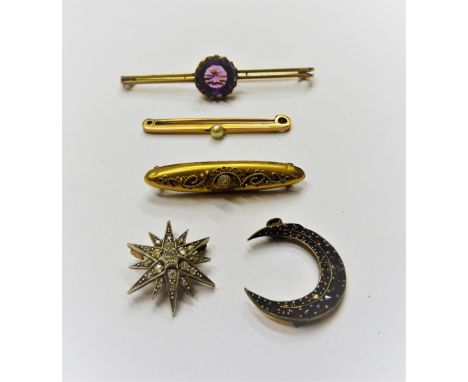 A diamond set pendant brooch, designed as a starburst, mounted with cushion shaped and rose cut diamonds, a gold and amethyst