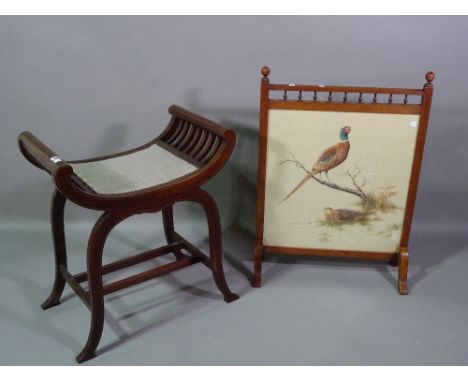 An Edwardian inlaid mahogany 'X' frame stool, together with a fire screen, inset with pheasants painted on silk, 59cm wide x 