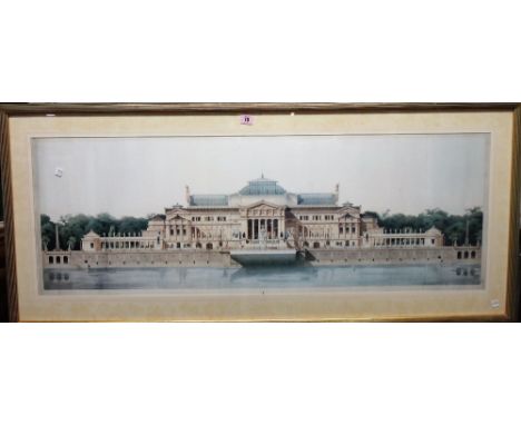 A reproduction print of a prospect of a 19th century waterside palace, 45.5cm x 119.5cm.; together with a print of a girl in 