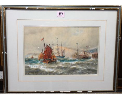Follower of Thomas Bush Hardy, shipping at the harbour mouth, watercolour, bears a signature, 21cm x 32cm, a print of a&nbsp;