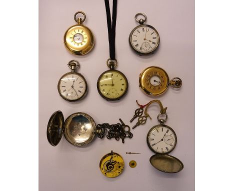 A gilt metal cased, keyless wind, half hunting cased pocket watch, another gilt metal cased, keyless wind, half hunting cased