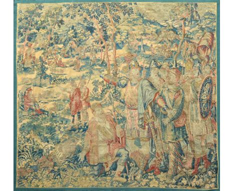 A 16th/17th century Flemish verdure Historic tapestry, central design of a military general and kneeling supplicant (possibly