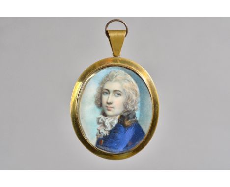 Attributed to George Engleheart, (1780-1829); a portrait miniature on ivory of a young man, blue coat with black collar, late