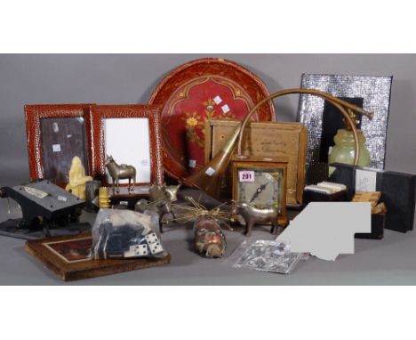 Collectables, including; Eastern metal animals, copper horn, mantel clock, table lamp, modern icon and sundry decorative item