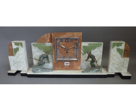An Art Deco onyx, marble and spelter mounted mantel clock garniture, the square dial flanked by poloychrome painted spelter s