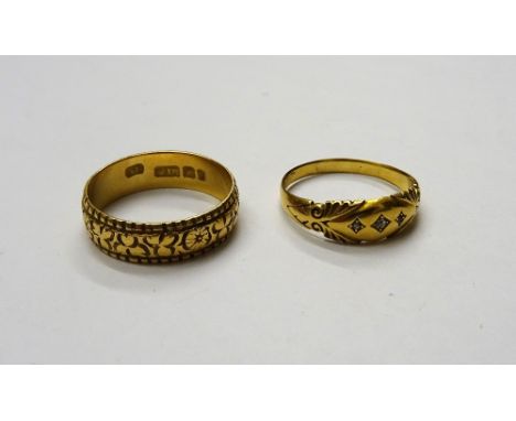 A Victorian 18ct gold wedding ring, with floral engraved decoration, Birmingham 1898, ring size R and an 18ct gold and diamon