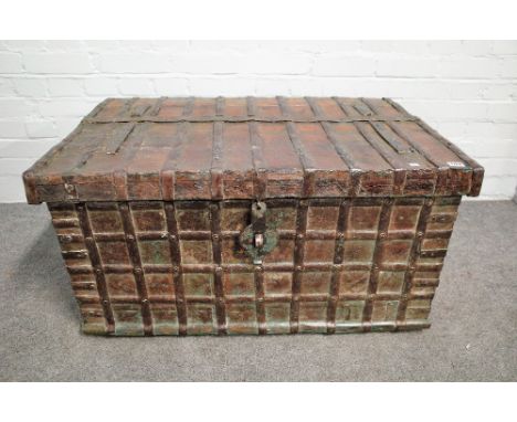 A 19th century Indian iron bound teak rectangular lift top trunk, 93cm wide x 62cm deep. 