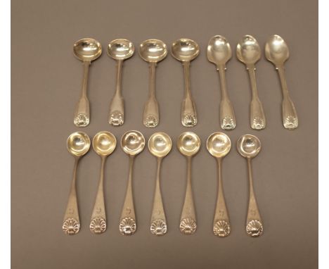 Silver flatware, comprising, three double struck, fiddle, thread and shell pattern salt spoons, London 1852, three double str