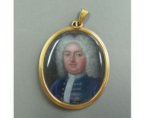 An 18th century school portrait miniature on copper of a gentleman, blue coat with gold buttons and detailing, gold frame det