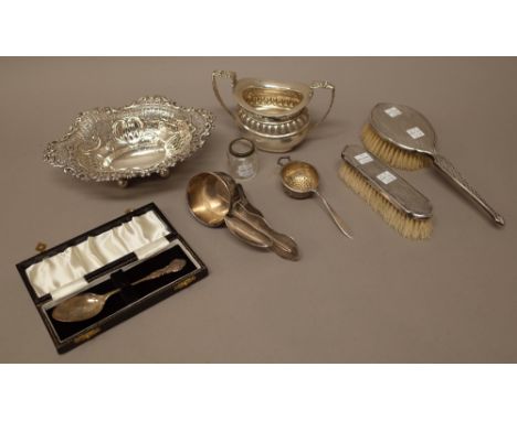 Silver and silver mounted wares, comprising; a late Victorian shaped oval bonbon dish, with embossed and pierced decoration, 