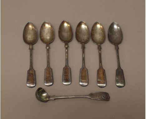 A set of six Victorian silver fiddle pattern teaspoons, Exeter 1877 and a Victorian silver double struck, fiddle and shell pa