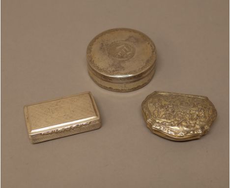 Foreign and plated wares, comprising; a cartouche shaped snuff box, the cover decorated with figures in a landscape setting, 
