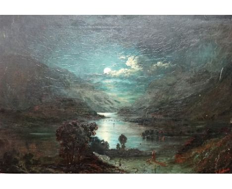 C** R**, in the manner of Samuel Pether, Moonlit river scene, oil on canvas, indistinctly signed, unframed, 50cm x 75cm.