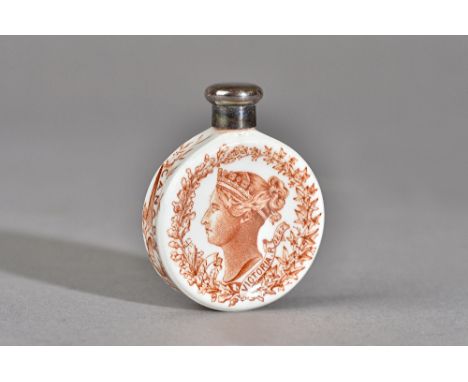 A Victorian silver mounted Royal Worcester porcelain scent bottle, the front decorated in brown with the portrait of The Quee