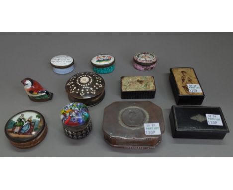 An 18th century Staffordshire enamel box in the shape of a bird detailed 'My Love is True', 4cm high, three 18th century oval
