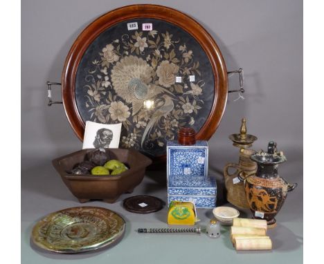 Asian collectables, including; Chinese tapestry inset in a circular wooden tray, a blue and white ceramic tea caddy and box, 