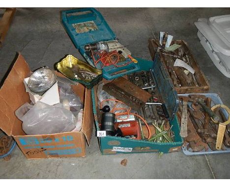 Four trays of car parts, tools etc.,