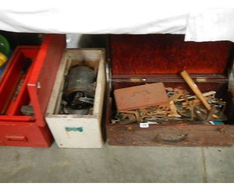 Three boxes of old tools etc.,
