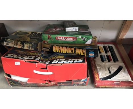 A Scalextric super saloons tank to command, Subutteo &amp; Hornby electric train set, all unchecked