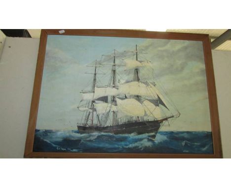 An R W Thayne 1970's) oil on board of three mast schooner at sale, named Astoria, signed.