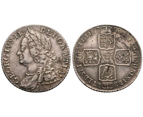 GREAT BRITAIN. George II, 1727-60. Silver Shilling, 1758. Plain Angles. Older laureate and draped bust left. Legend reads GEO