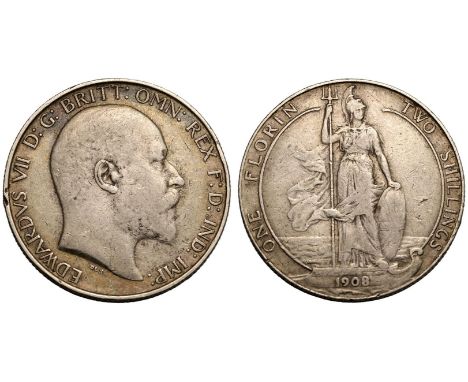 UNITED KINGDOM. Edward VII, 1901-10. Silver Florin, 1908. Royal Mint. Bare head of King Edward VII facing right; De S. below;