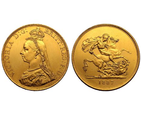 UNITED KINGDOM. Victoria, 1837-1901. Gold 5 Pounds (5 Sovereigns), 1887. London. Jubilee head of Queen Victoria facing left; 