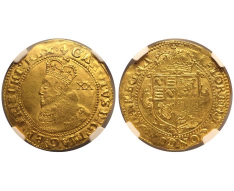 ENGLAND. Charles I, 1625-49. Gold Unite, ND (1625). Tower Mint. mm Lis 105. Crowned and collared bust of King Charles I left,