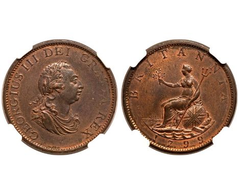 GREAT BRITAIN. George III, 1760-1820. Copper Halfpenny, 1799. Soho Mint, Birmingham. Laureate bust facing right. Legend reads