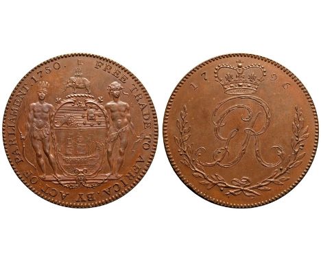 GHANA. GOLD COAST, 1821-1957. George III, 1760-1820. Bronze 1 Ackey, 1796. Soho Mint (Birmingham). Pattern Proof. The origina