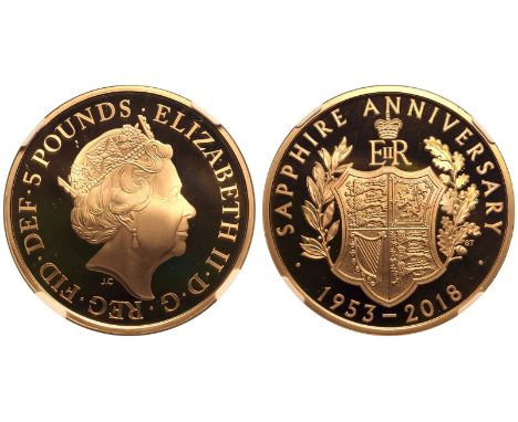 UNITED KINGDOM. Elizabeth II, 1952-2022. Gold 5 Pounds, 2018. Royal Mint. Proof. Fifth crowned head of Elizabeth II facing ri