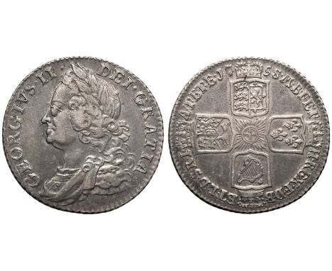 GREAT BRITAIN. George II, 1727-60. Silver Shilling, 1758. Plain Angles. Older laureate and draped bust left. Legend reads GEO