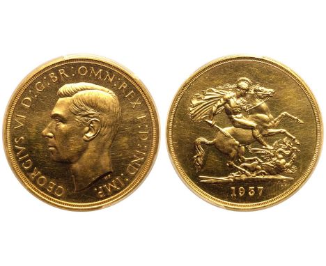 UNITED KINGDOM. George VI, 1936-52. Gold 5 Pounds (5 Sovereigns), 1937. Royal Mint. Proof. Struck to commemorate the coronati