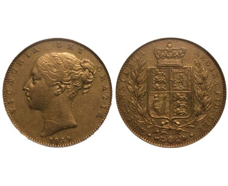 UNITED KINGDOM. Victoria, 1837-1901. Gold Sovereign, 1839. London. First young head of Victoria facing left, hair tied in fil