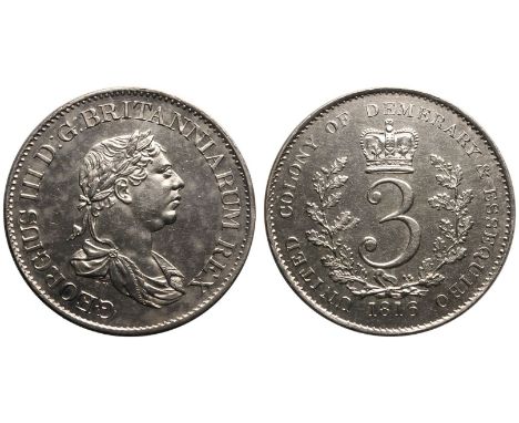 GUYANA. DEMERARA AND ESSEQUIBO. George III, 1760-1820. Silver 3 Guilder, 1816. Royal Mint (Tower Hill). Laureate bust facing 