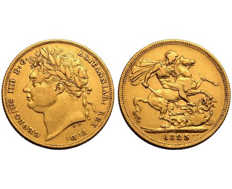 UNITED KINGDOM. George IV, 1820-30. Gold Sovereign, 1823. London. Laureate head left; GEORGIUS IIII D: G: BRITANNIAR: REX F: 