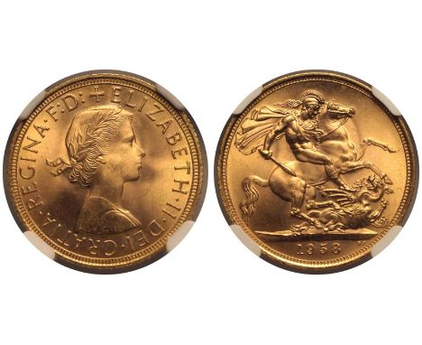 UNITED KINGDOM. Elizabeth II, 1952-2022. Gold Sovereign, 1958. Royal Mint. First, laureate head of Elizabeth II facing right;