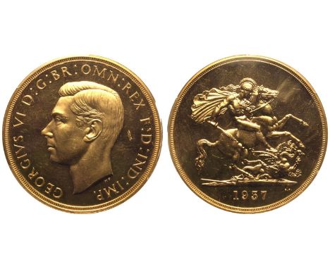 UNITED KINGDOM. George VI, 1936-52. Gold 5 Pounds (5 Sovereigns), 1937. Royal Mint. Proof. Struck to commemorate the coronati