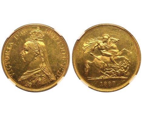 UNITED KINGDOM. Victoria, 1837-1901. Gold 5 Pounds (5 Sovereigns), 1887. London. Jubilee head of Queen Victoria facing left; 