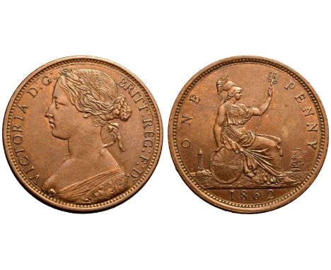 UNITED KINGDOM. Victoria, 1837-1901. Bronze Penny, 1862. Royal Mint. Young head ('Bun head') of Queen Victoria facing left, r