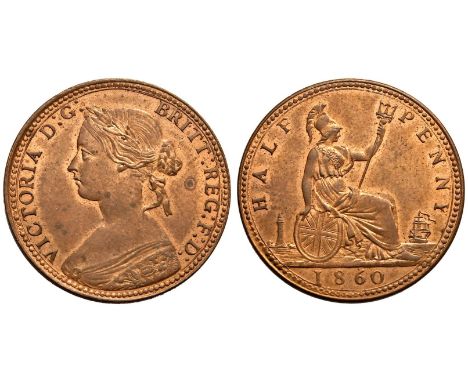 UNITED KINGDOM. Victoria, 1837-1901. Bronze halfpenny, 1860. Royal Mint. Laureate bust of Queen Victoria facing left; VICTORI