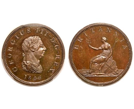 UNITED KINGDOM. George III, 1760-1820. Copper Halfpenny, 1806. Soho Mint. Bronzed Proof. Laureate and draped bust of King Geo