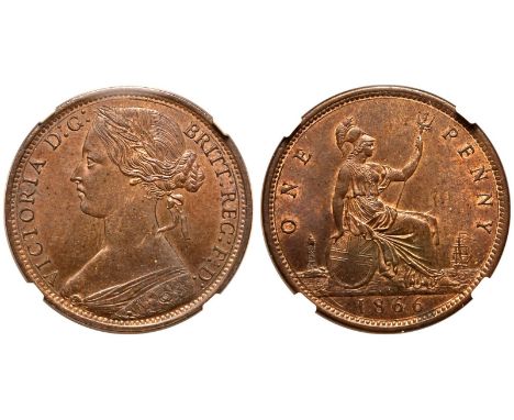 UNITED KINGDOM. Victoria, 1837-1901. Bronze Penny, 1866. Royal Mint. Young head ('Bun head') of Queen Victoria facing left, r